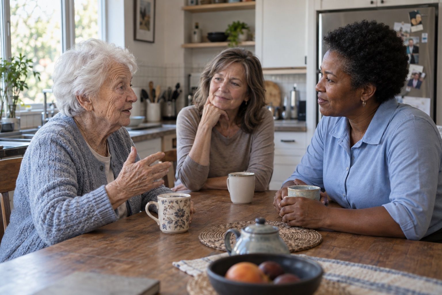 A caregiver sits down with an older woman and her daughter before care begins